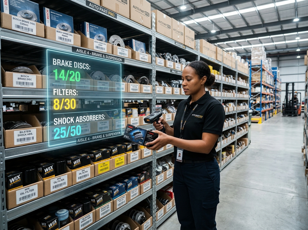 Organized automotive spare parts warehouse with digital stock scanner