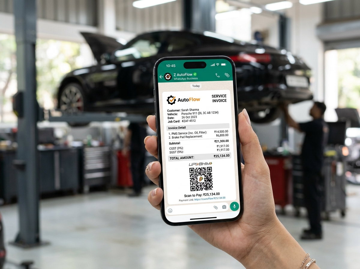 WhatsApp invoice on smartphone with GST breakdown and UPI QR